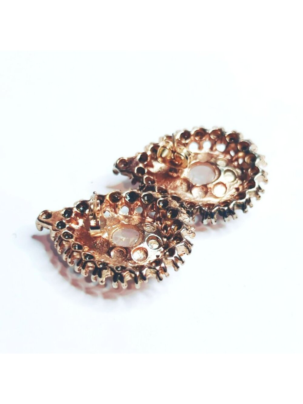 Pink Teardrop Cabochon Rhinestone Halo Earrings Gold Tone Vintage - Picture 4 of 5